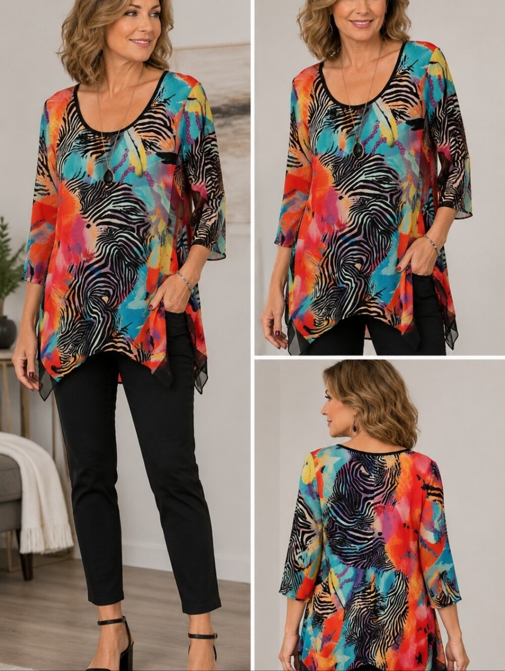 Colorful Zebra Print Scoop Neck Tunic - Black Trim